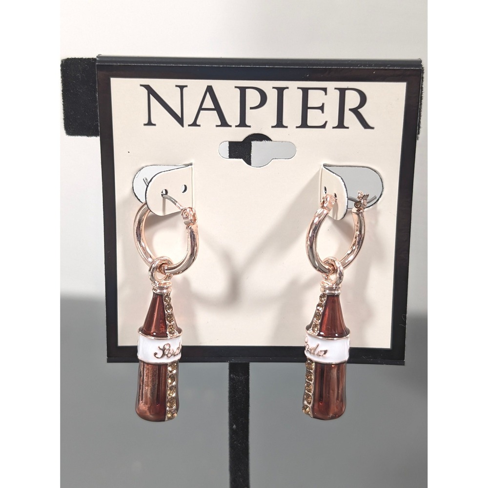 Napier Soda Bottle Charm Earrings NWT Rhinestone Rose Gold Tone Mini Hoops‎